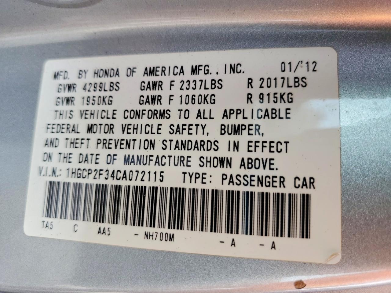 2012 HONDA ACCORD LX photo 34