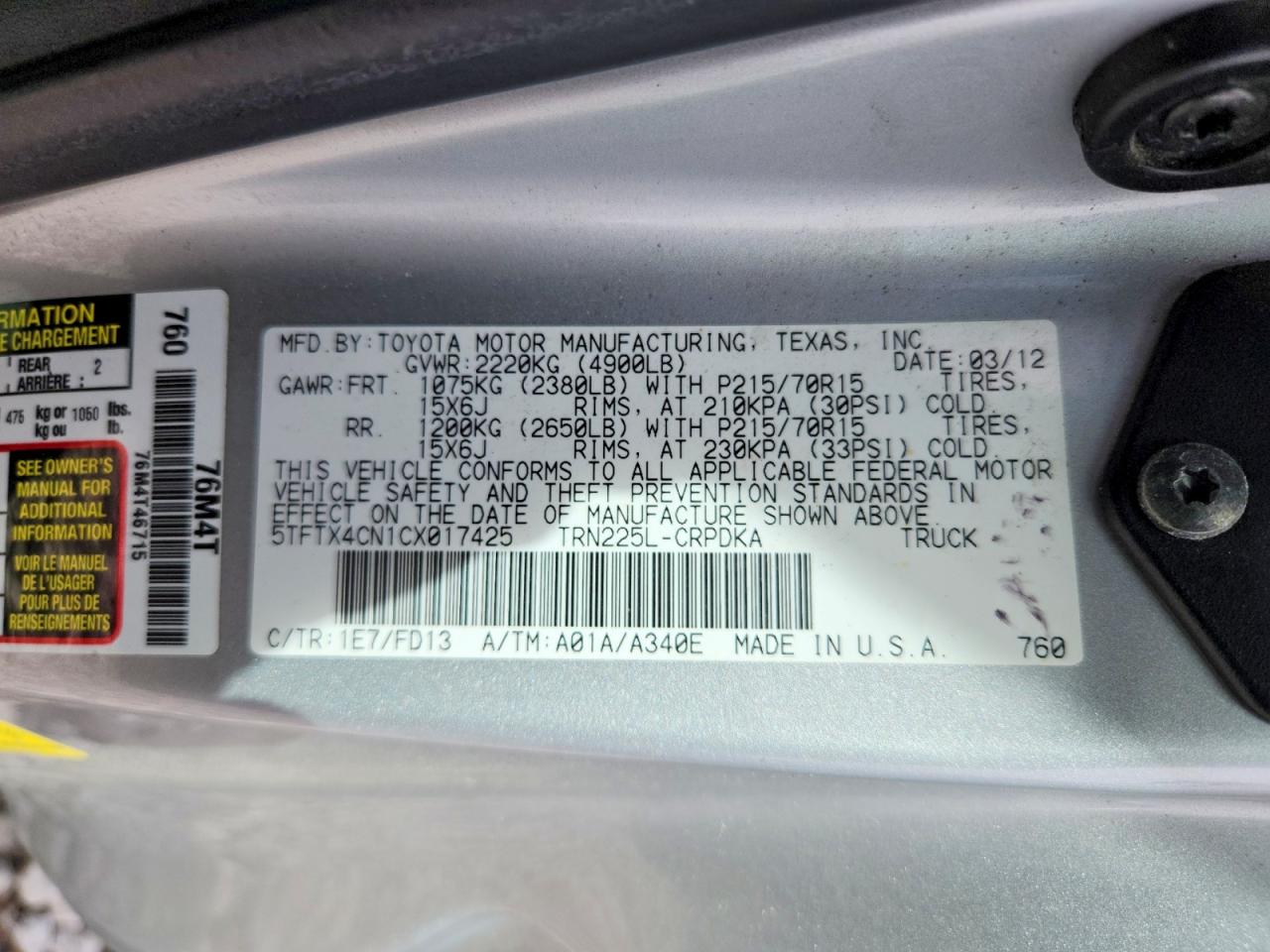 2012 TOYOTA TACOMA ACCESS CAB photo 23