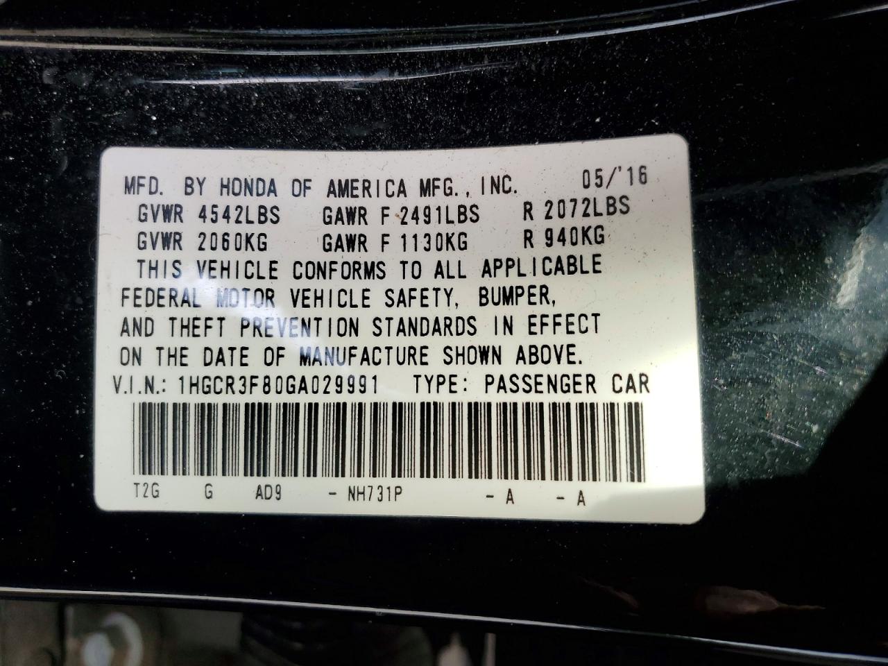 2016 HONDA ACCORD EXL photo 13