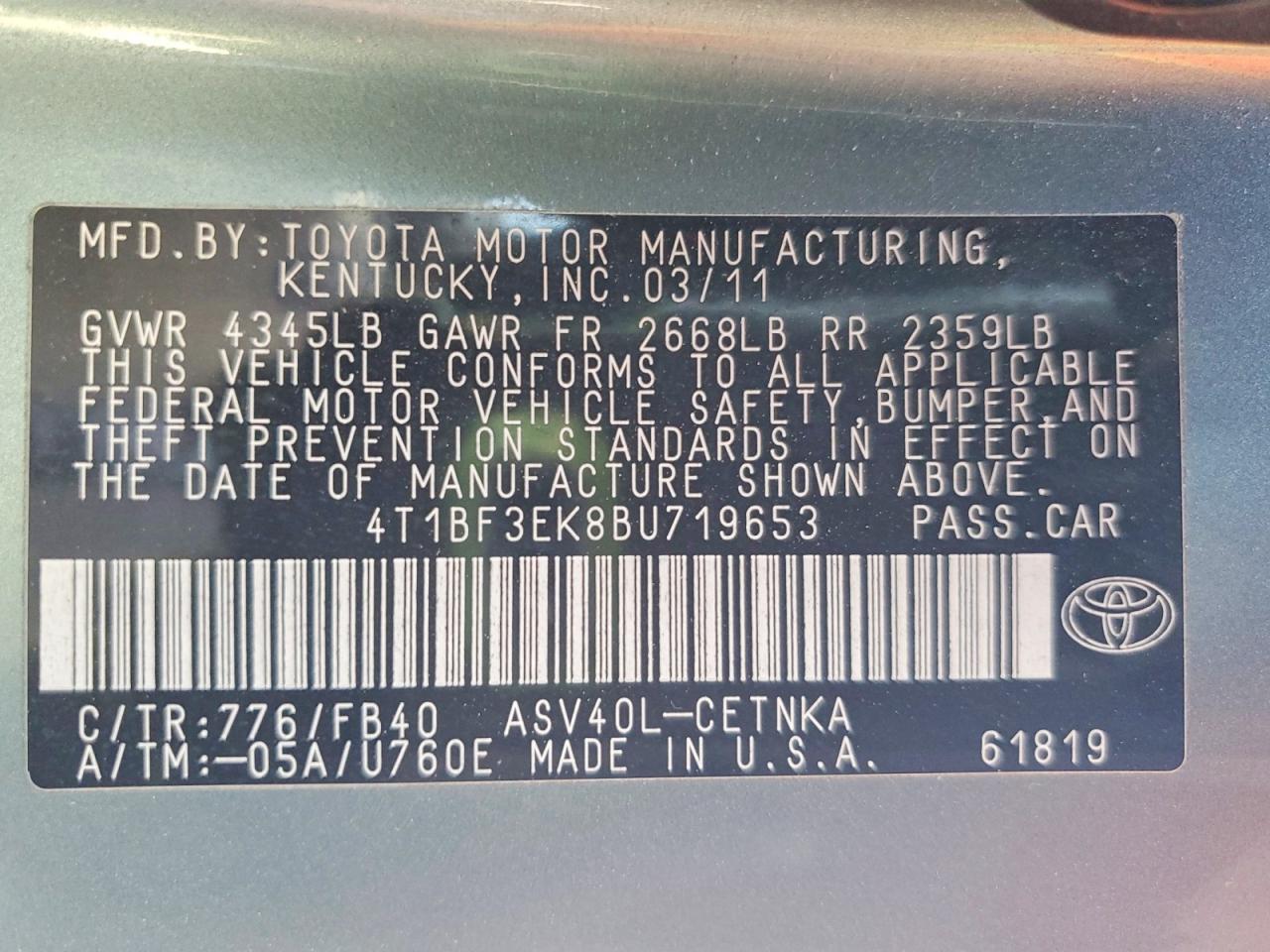 2011 TOYOTA CAMRY LE photo 25