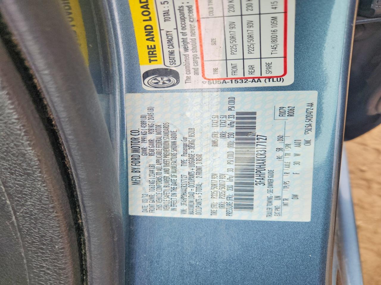 2012 FORD FUSION SE photo 12