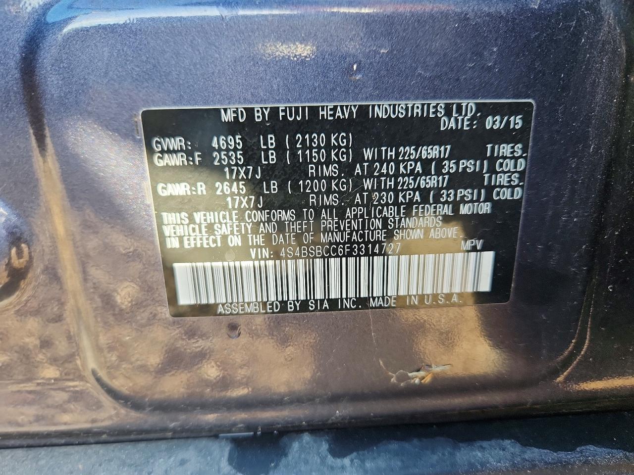 2015 SUBARU OUTBACK 2.5I PREMIUM photo 13