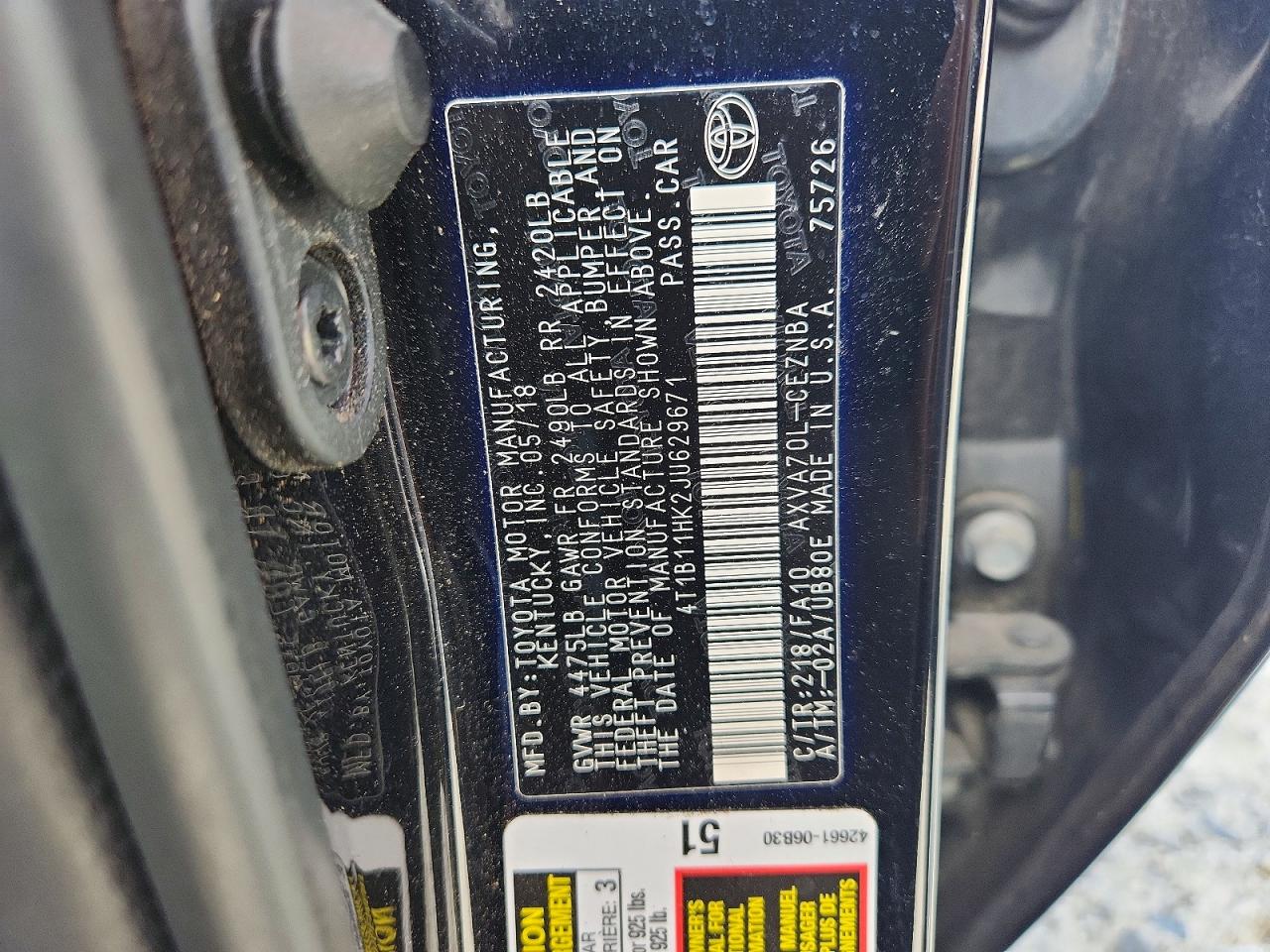 2018 TOYOTA CAMRY LE photo 12