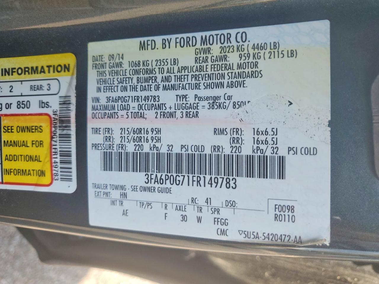 2015 FORD FUSION S photo 23