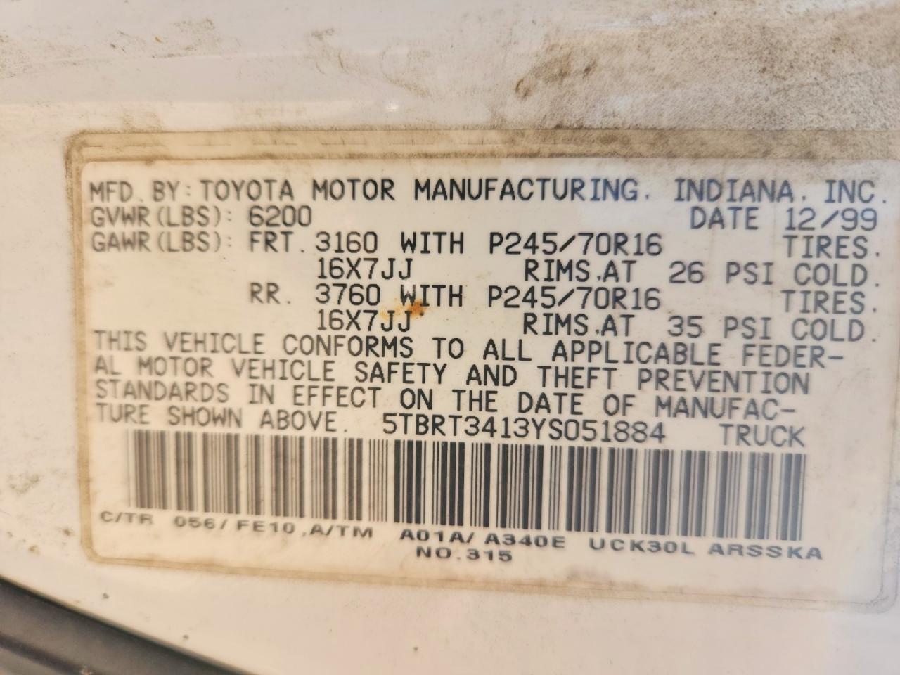 2000 TOYOTA TUNDRA SR5 photo 13