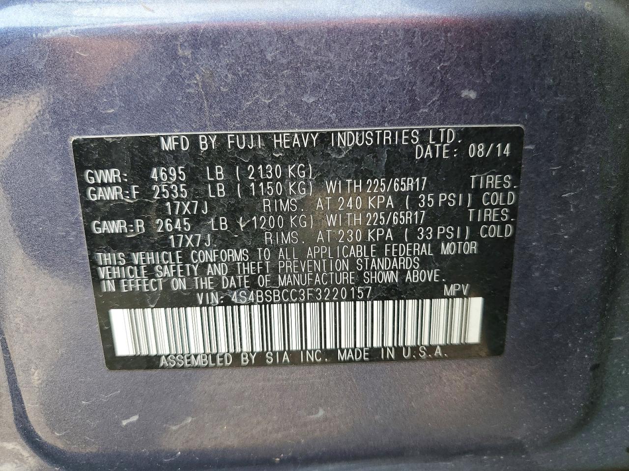 2015 SUBARU OUTBACK 2.5I PREMIUM photo 12
