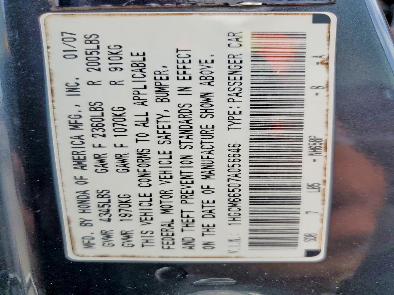 2007 HONDA ACCORD EX photo 23