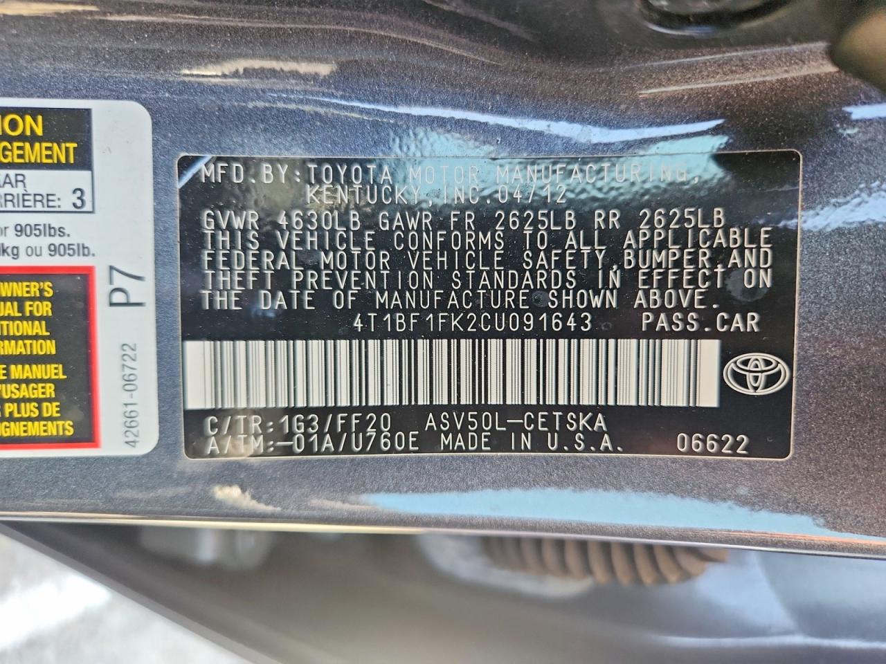 2012 TOYOTA CAMRY SE photo 12