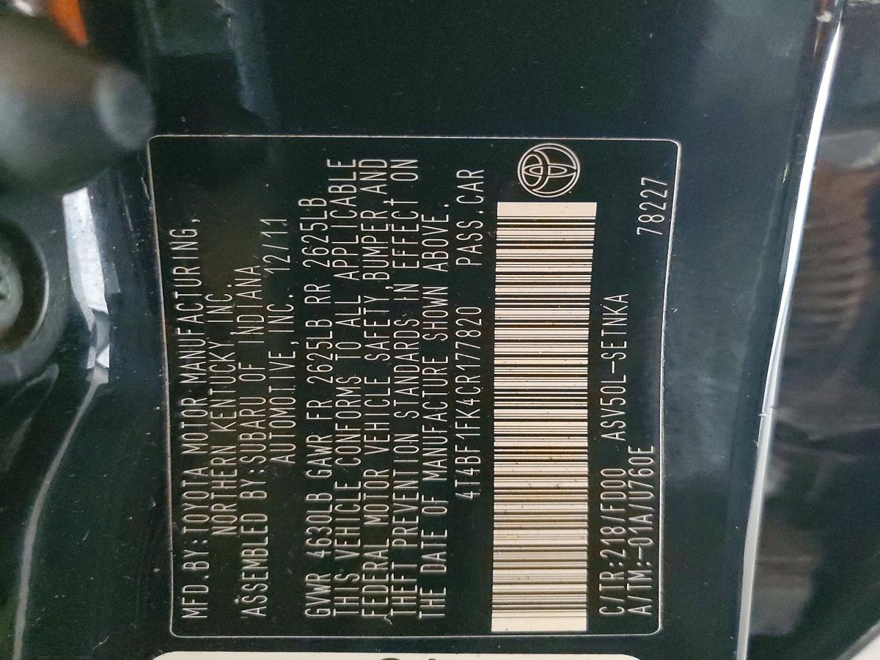 2012 TOYOTA CAMRY LE photo 12