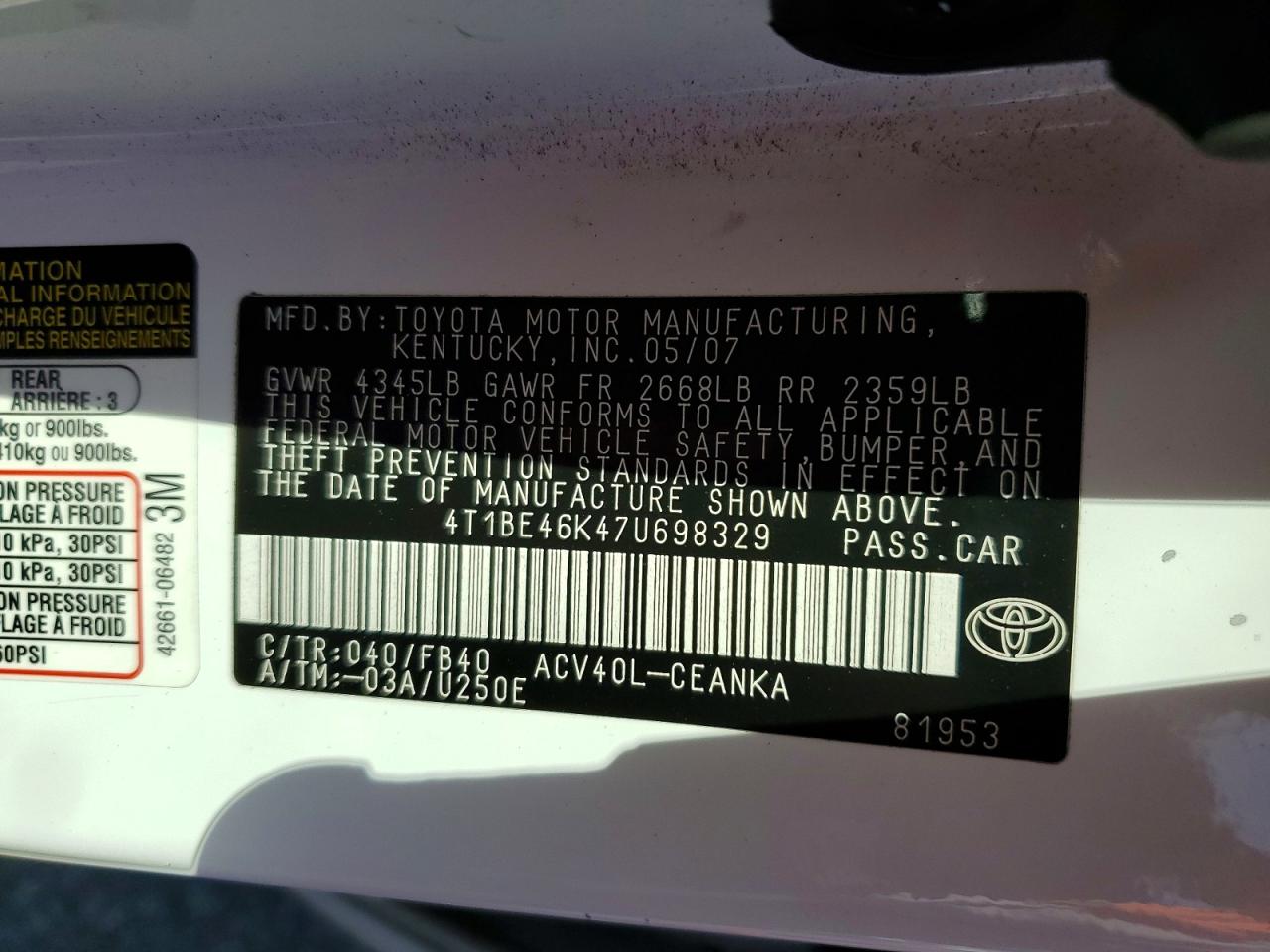 2007 TOYOTA CAMRY LE photo 12