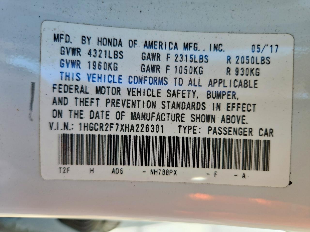 2017 HONDA ACCORD EX photo 23
