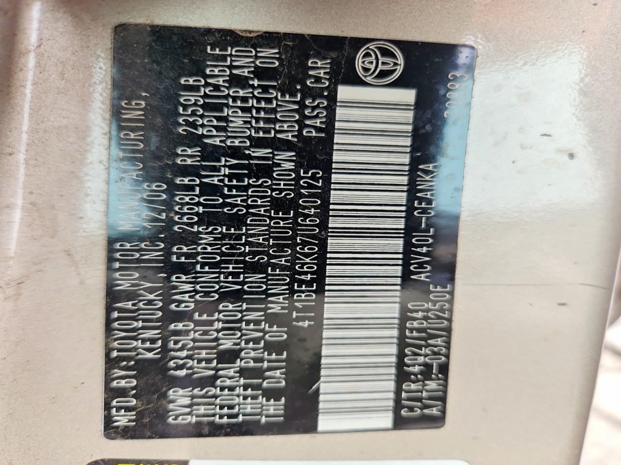 2007 TOYOTA CAMRY LE photo 12
