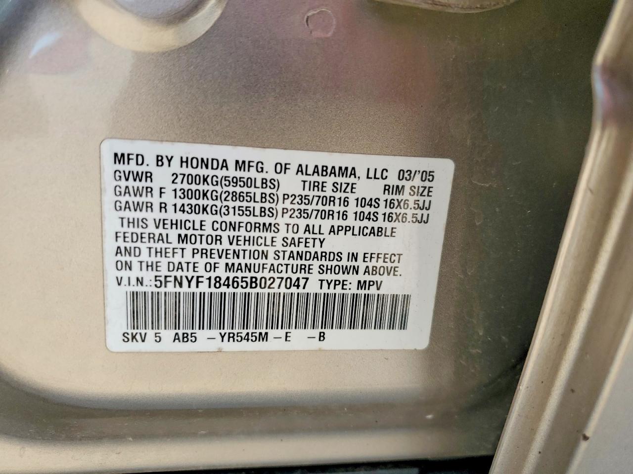 2005 HONDA PILOT EX photo 13