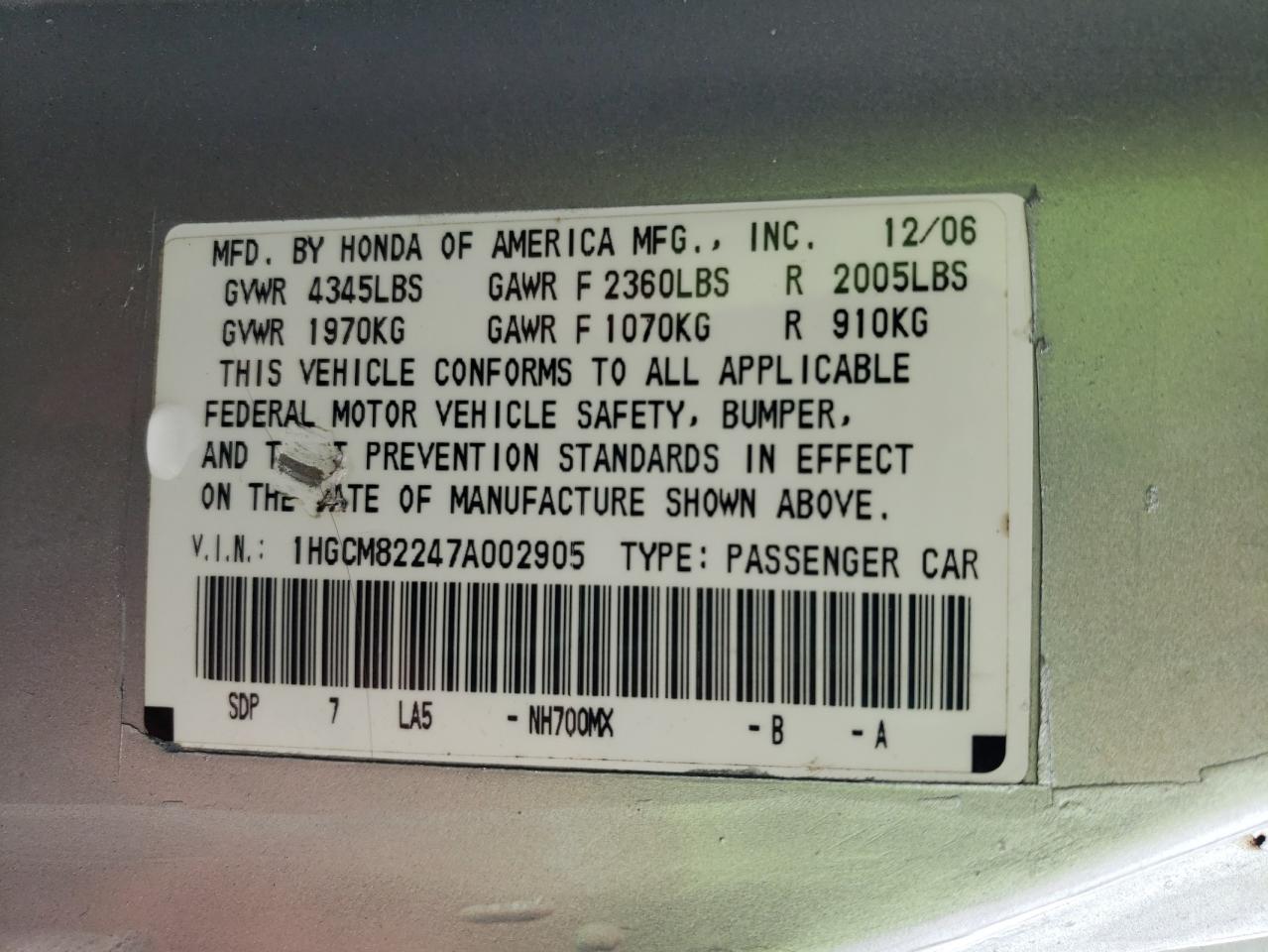 2007 HONDA ACCORD LX photo 13