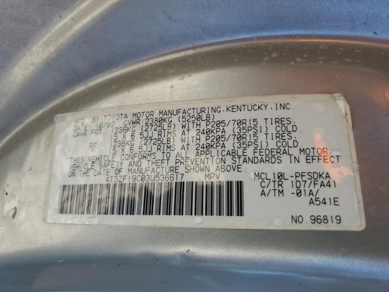 2003 TOYOTA SIENNA CE photo 12