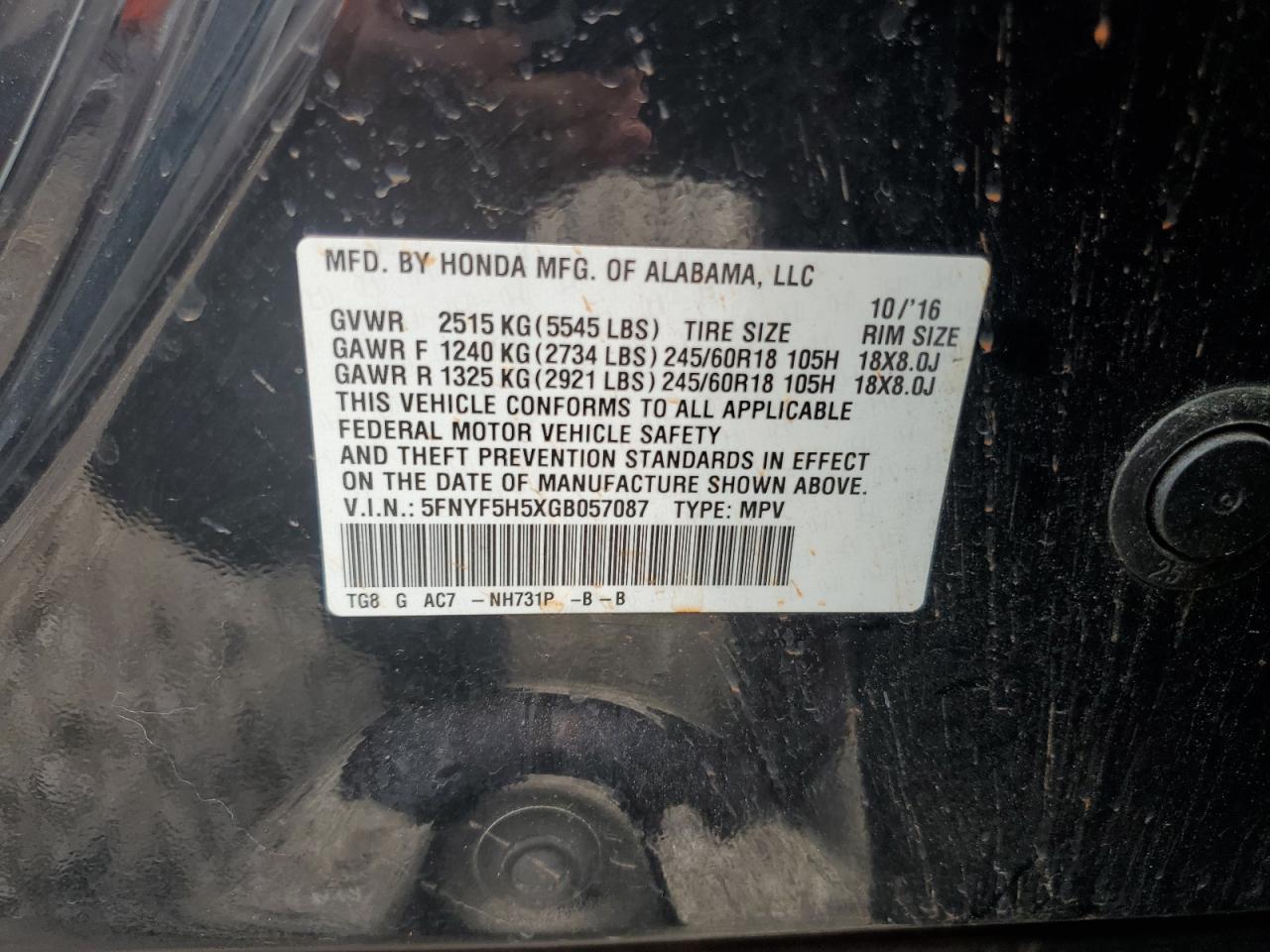 2016 HONDA PILOT EXL photo 25