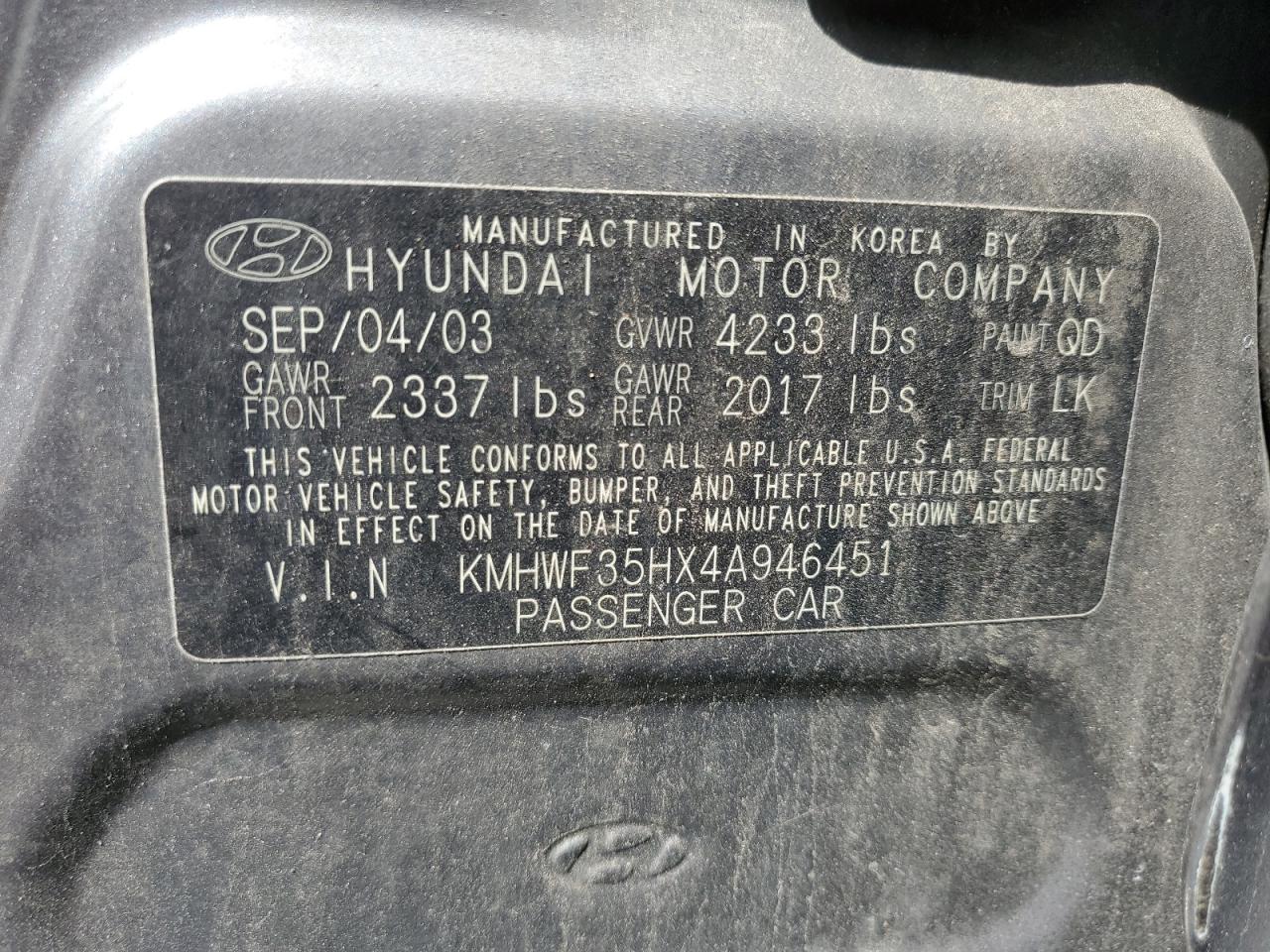 2004 HYUNDAI SONATA GLS photo 23
