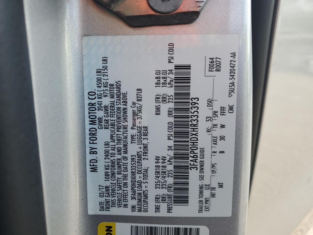 2017 FORD FUSION SE photo 12