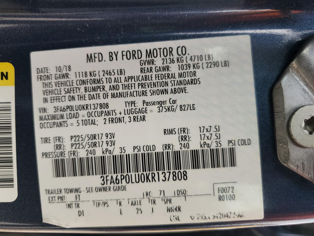 2019 FORD FUSION SE photo 13