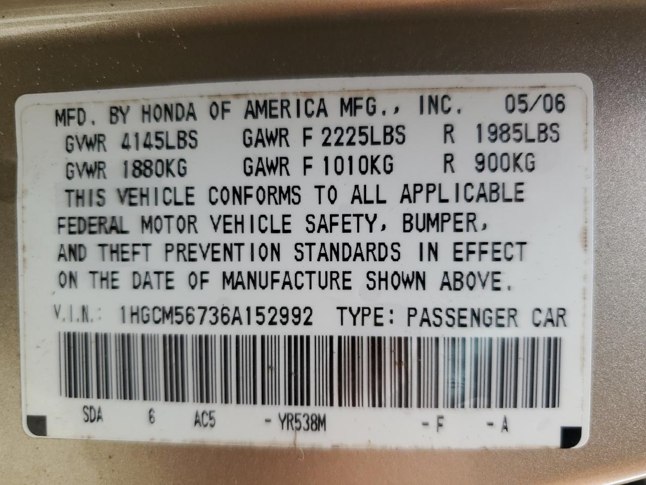 2006 HONDA ACCORD photo 23
