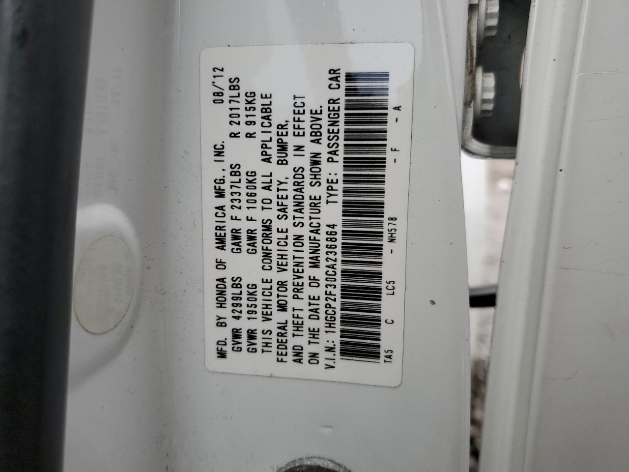 2012 HONDA ACCORD LX photo 23