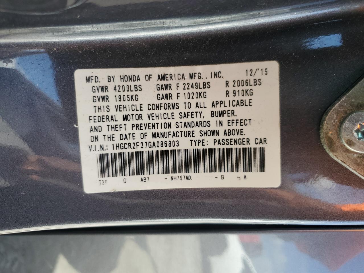 2016 HONDA ACCORD LX photo 12