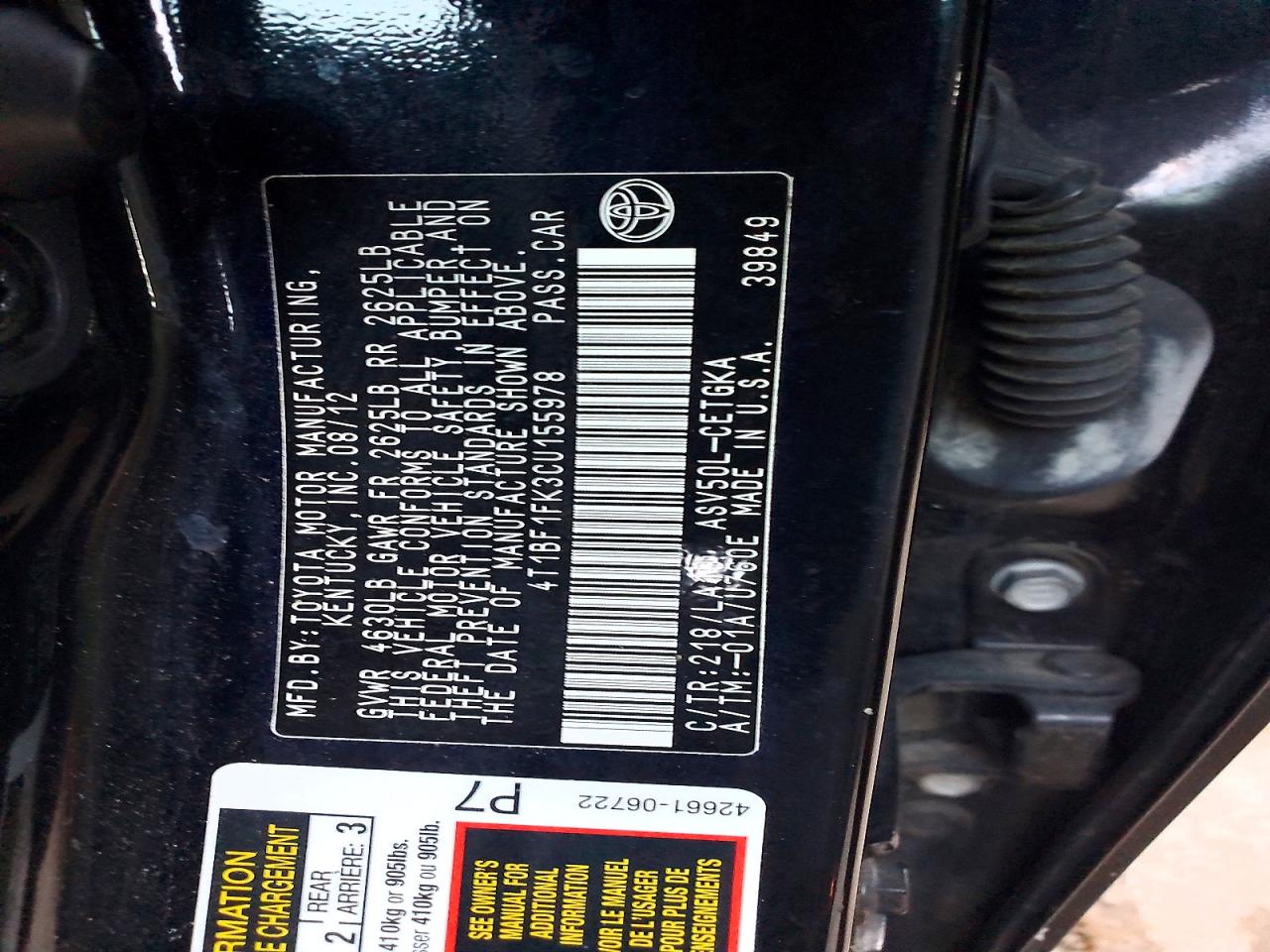 2012 TOYOTA CAMRY BASE photo 12