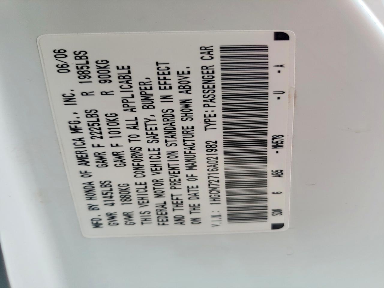 2006 HONDA ACCORD photo 12