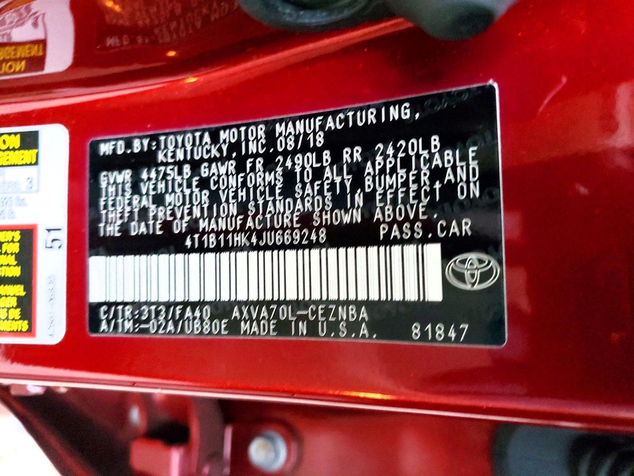 2018 TOYOTA CAMRY L photo 23