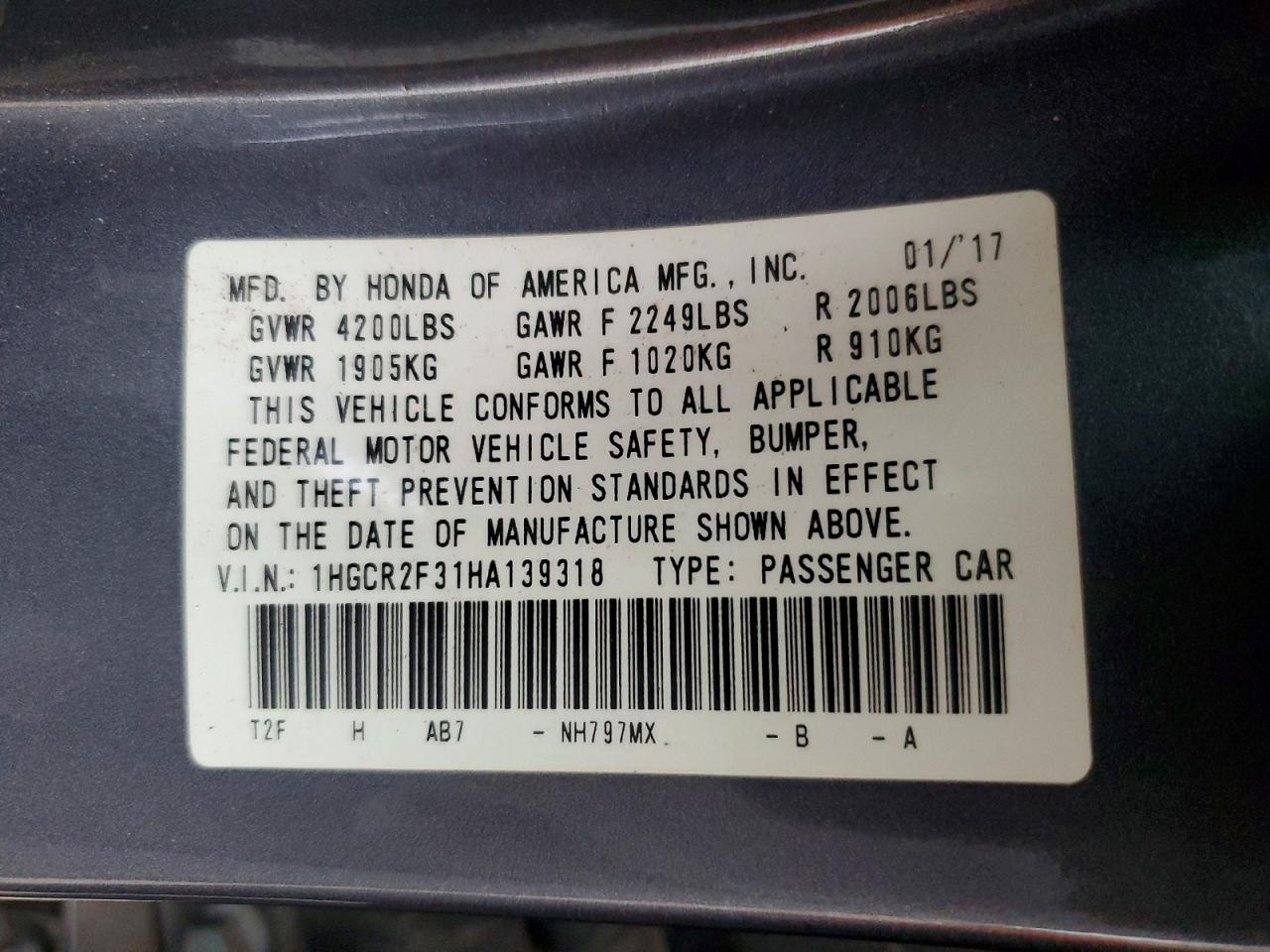 2017 HONDA ACCORD LX photo 12