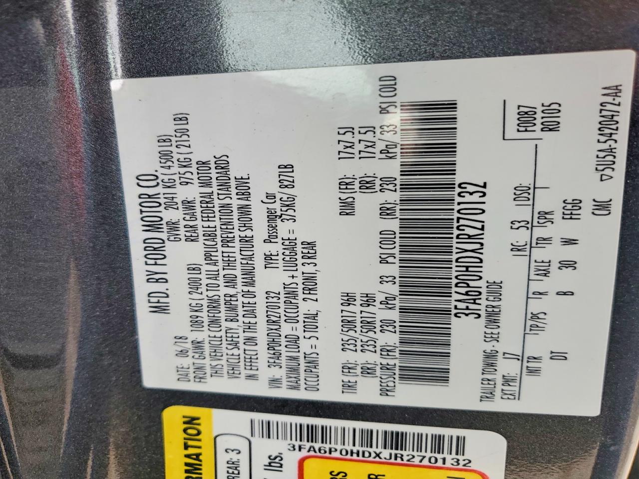 2018 FORD FUSION SE photo 12