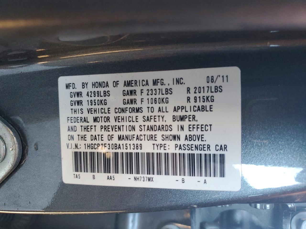 2011 HONDA ACCORD LX photo 12