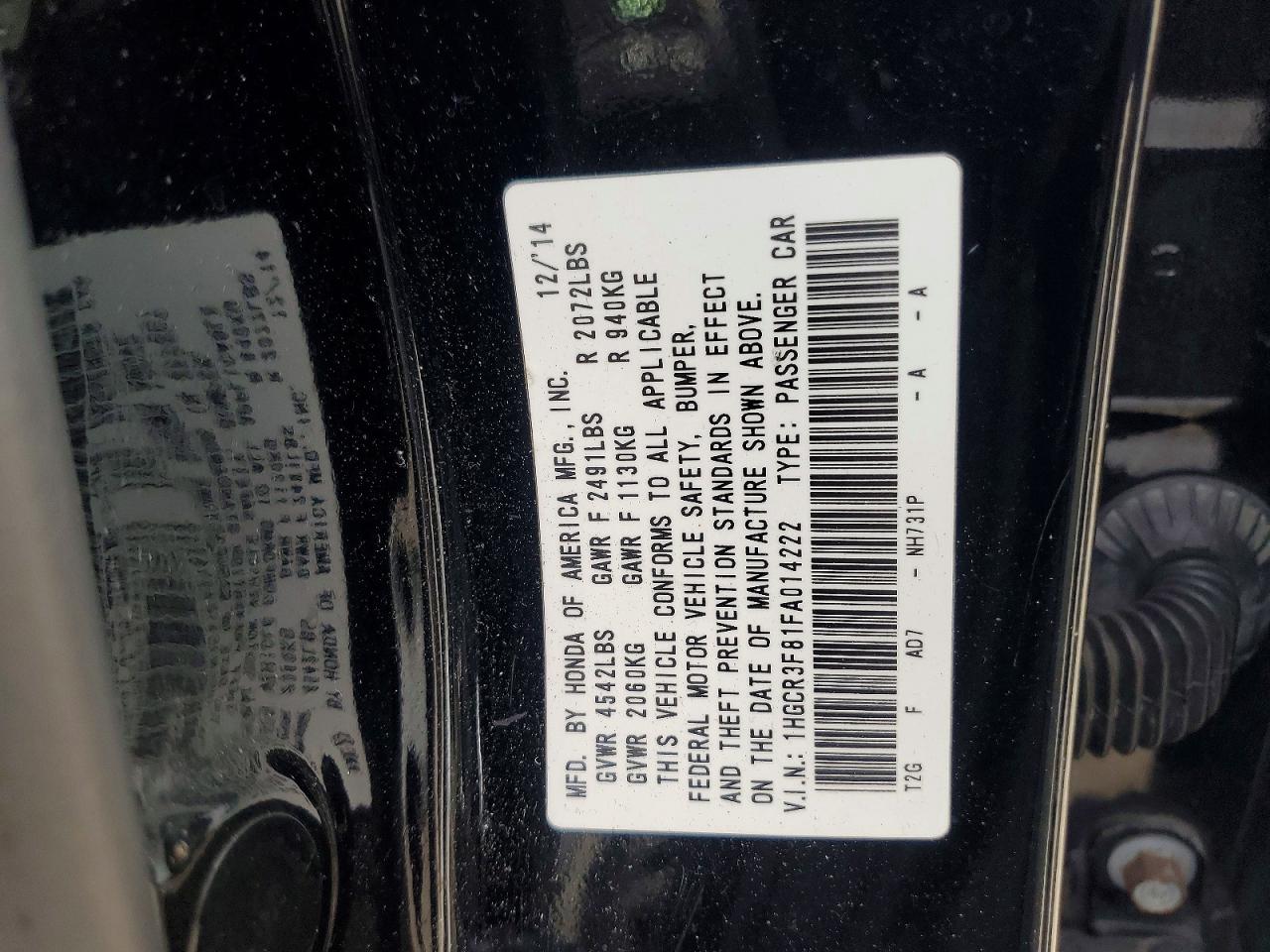 2015 HONDA ACCORD EXL photo 12