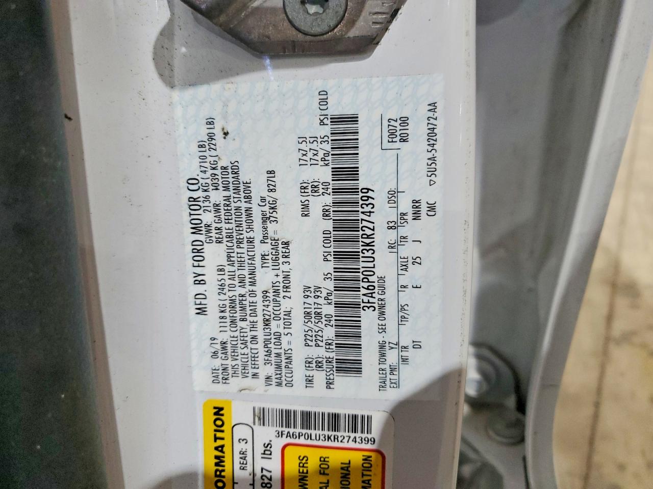 2019 FORD FUSION SE photo 12
