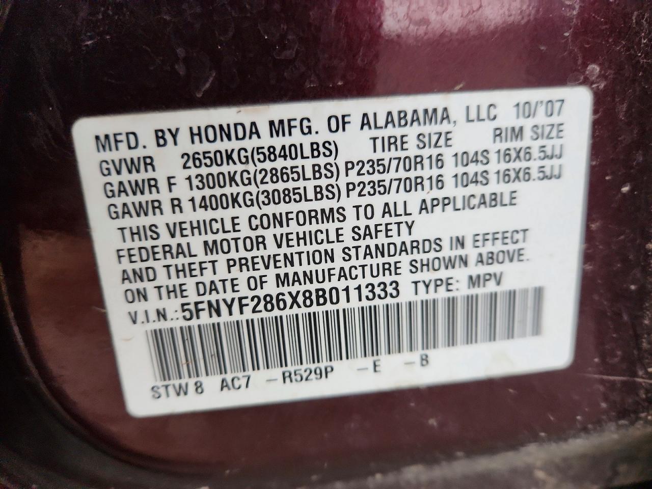 2008 HONDA PILOT EXL photo 12