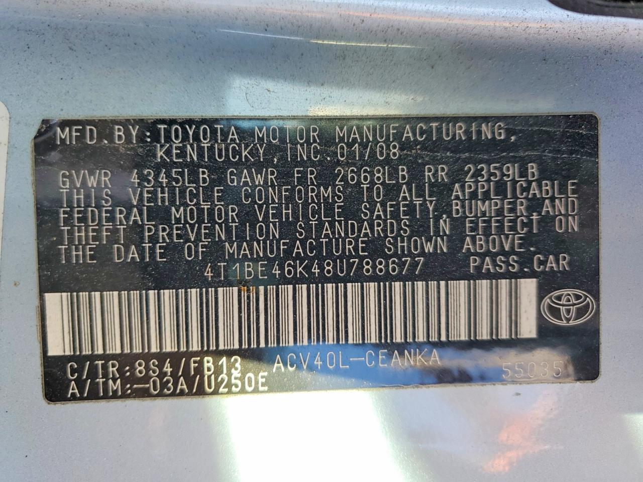 2008 TOYOTA CAMRY CE photo 12