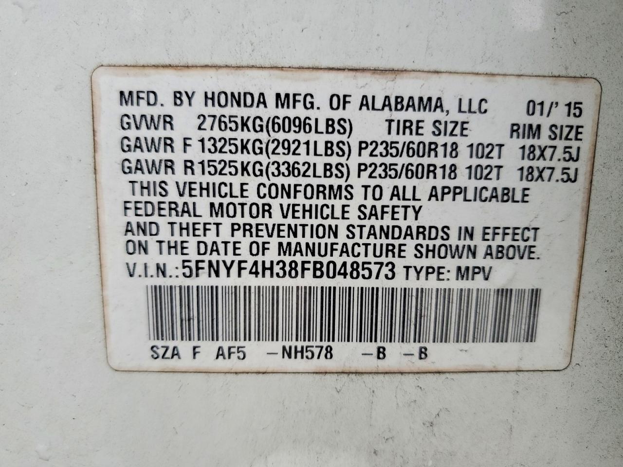 2015 HONDA PILOT SE photo 13