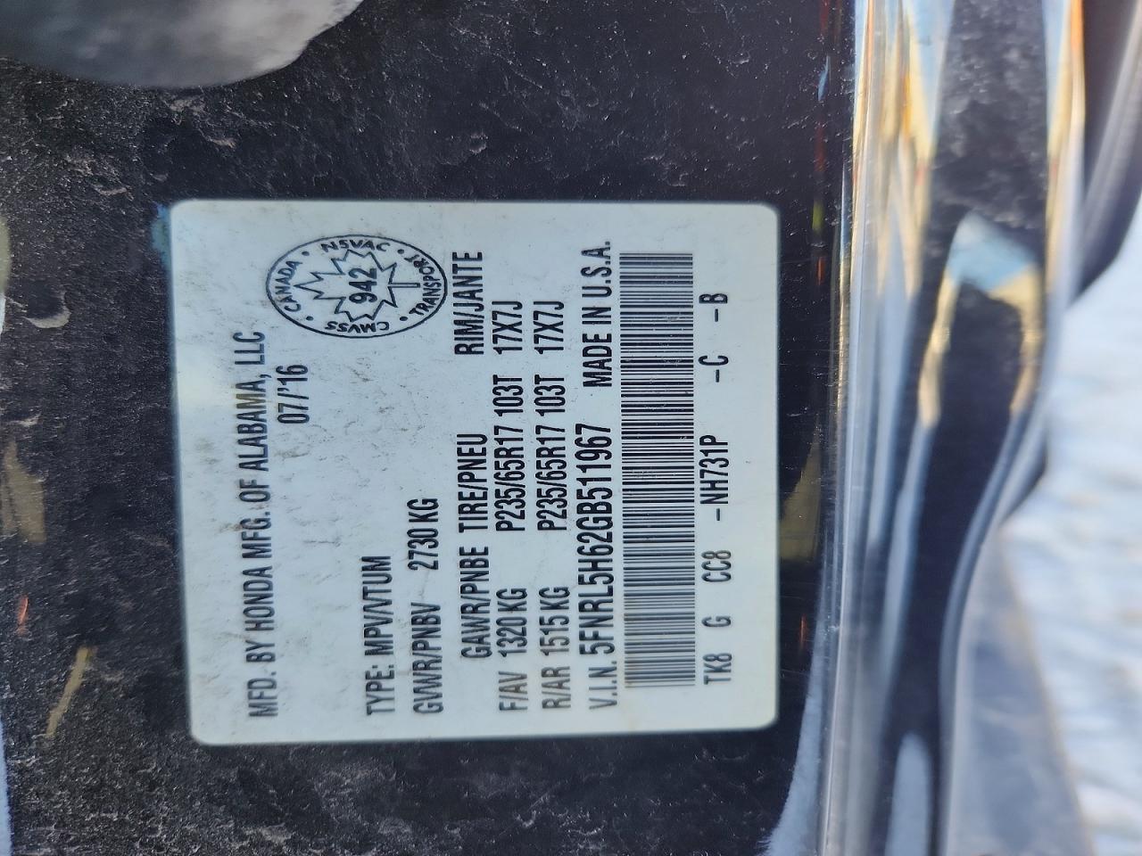 2016 HONDA ODYSSEY EXL photo 12