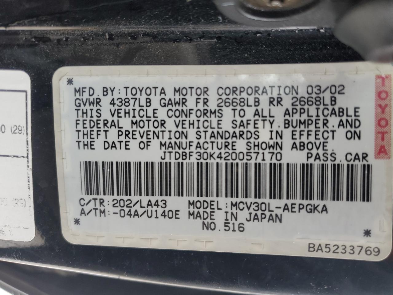 2002 TOYOTA CAMRY LE photo 23