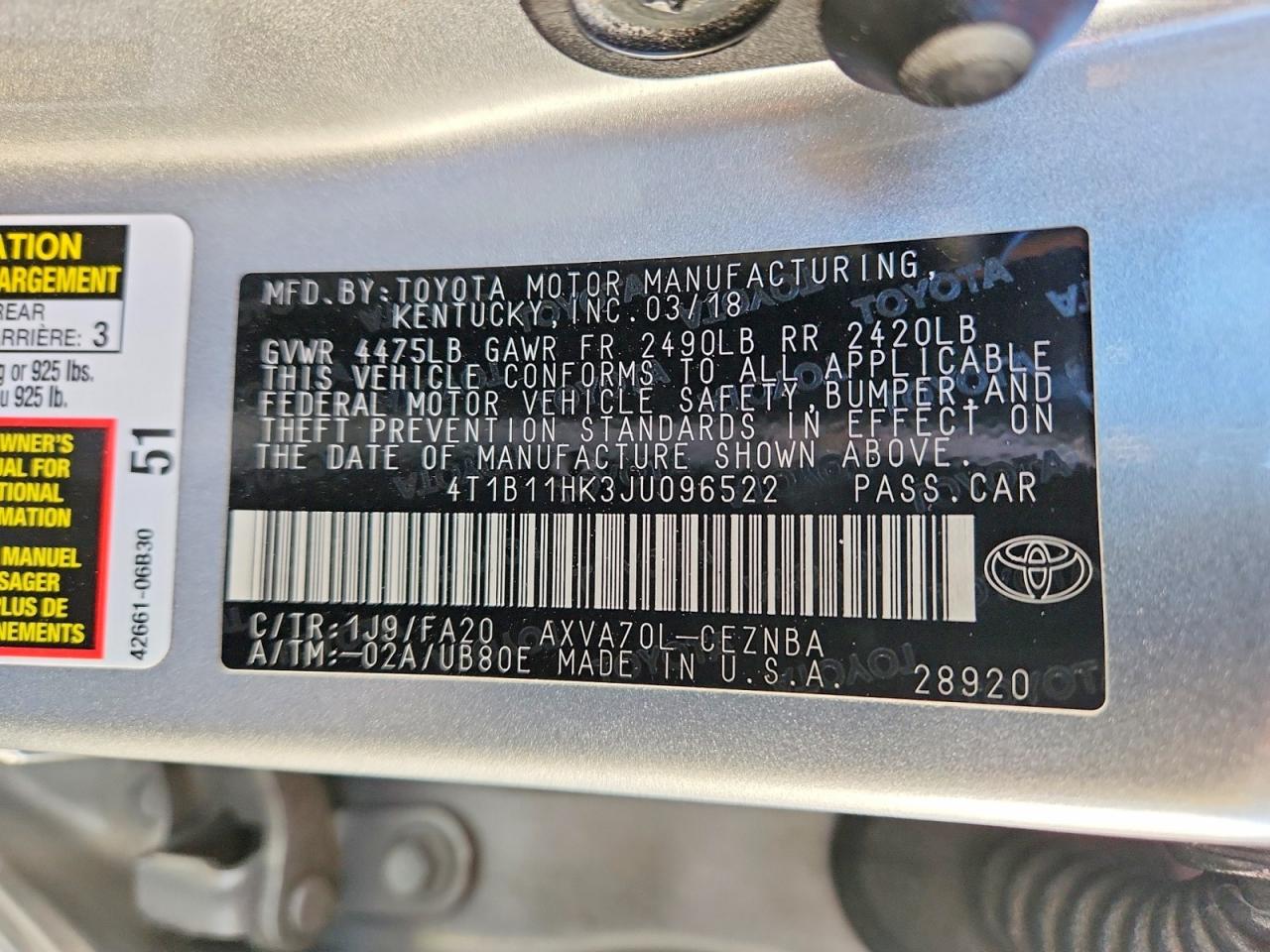 2018 TOYOTA CAMRY L photo 12