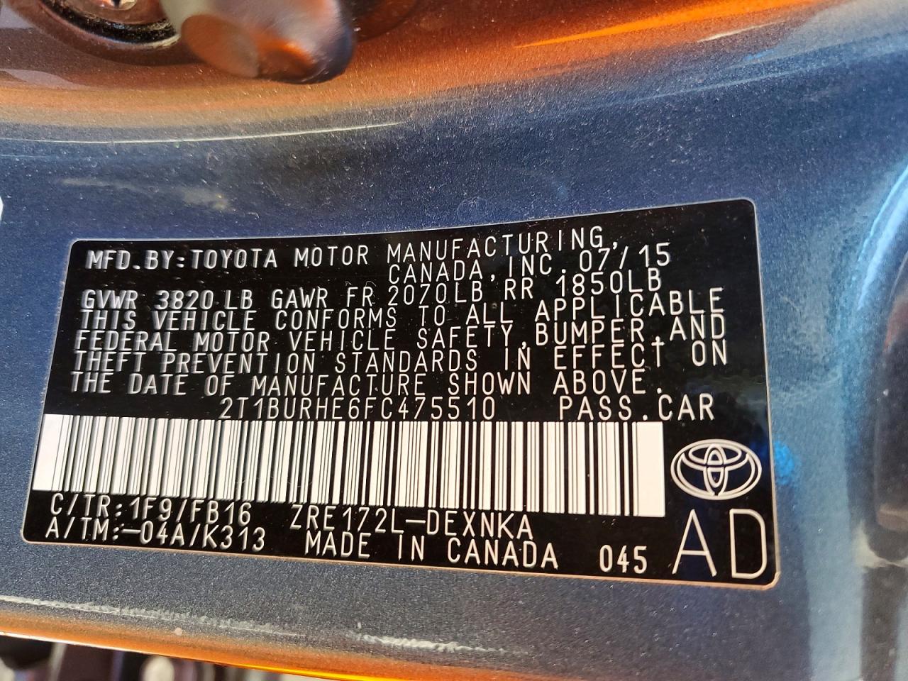 2015 TOYOTA COROLLA L photo 12