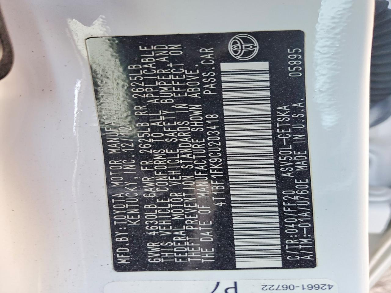 2012 TOYOTA CAMRY BASE photo 12