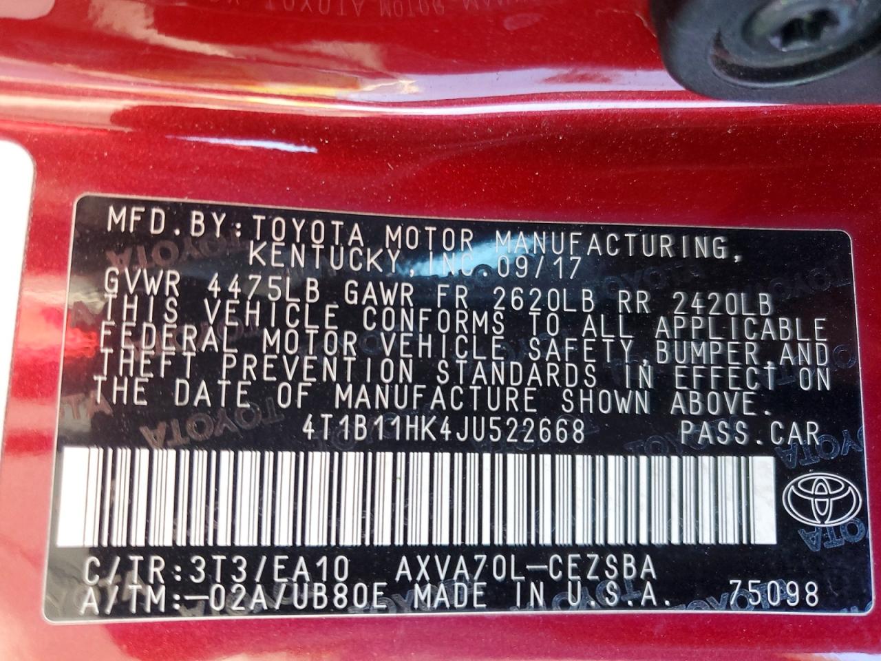 2018 TOYOTA CAMRY L photo 23