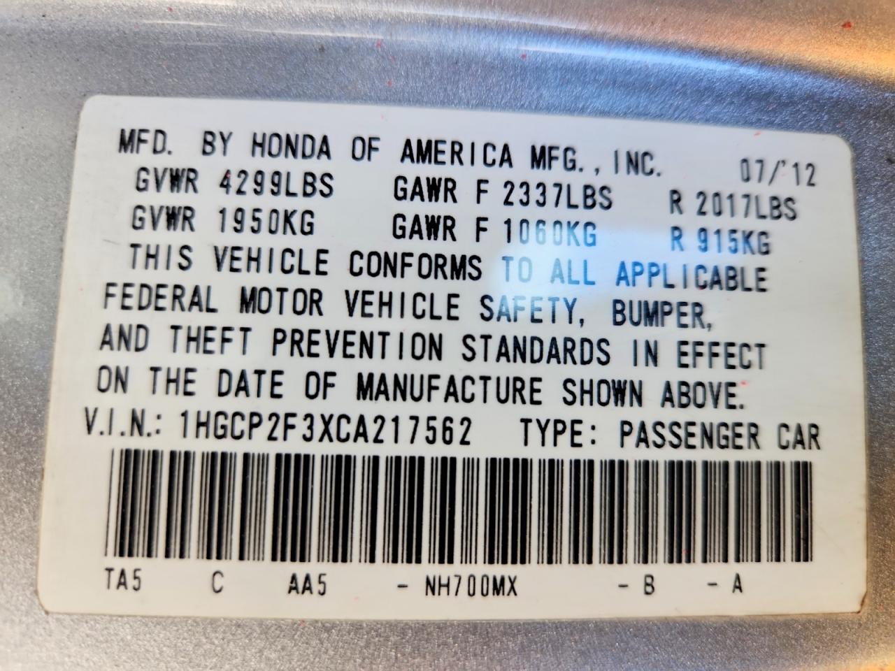 2012 HONDA ACCORD LX photo 45
