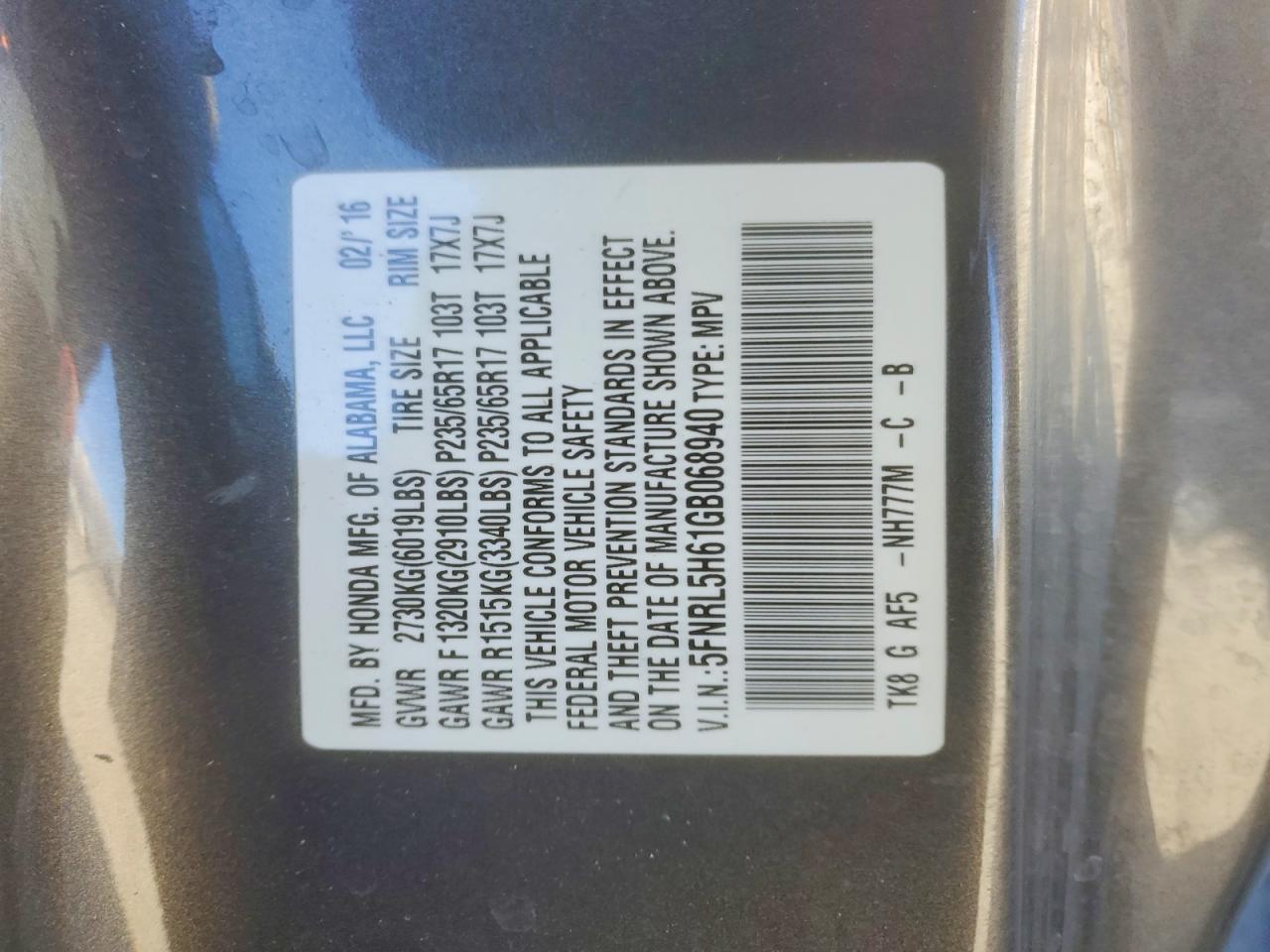 2016 HONDA ODYSSEY EXL photo 37