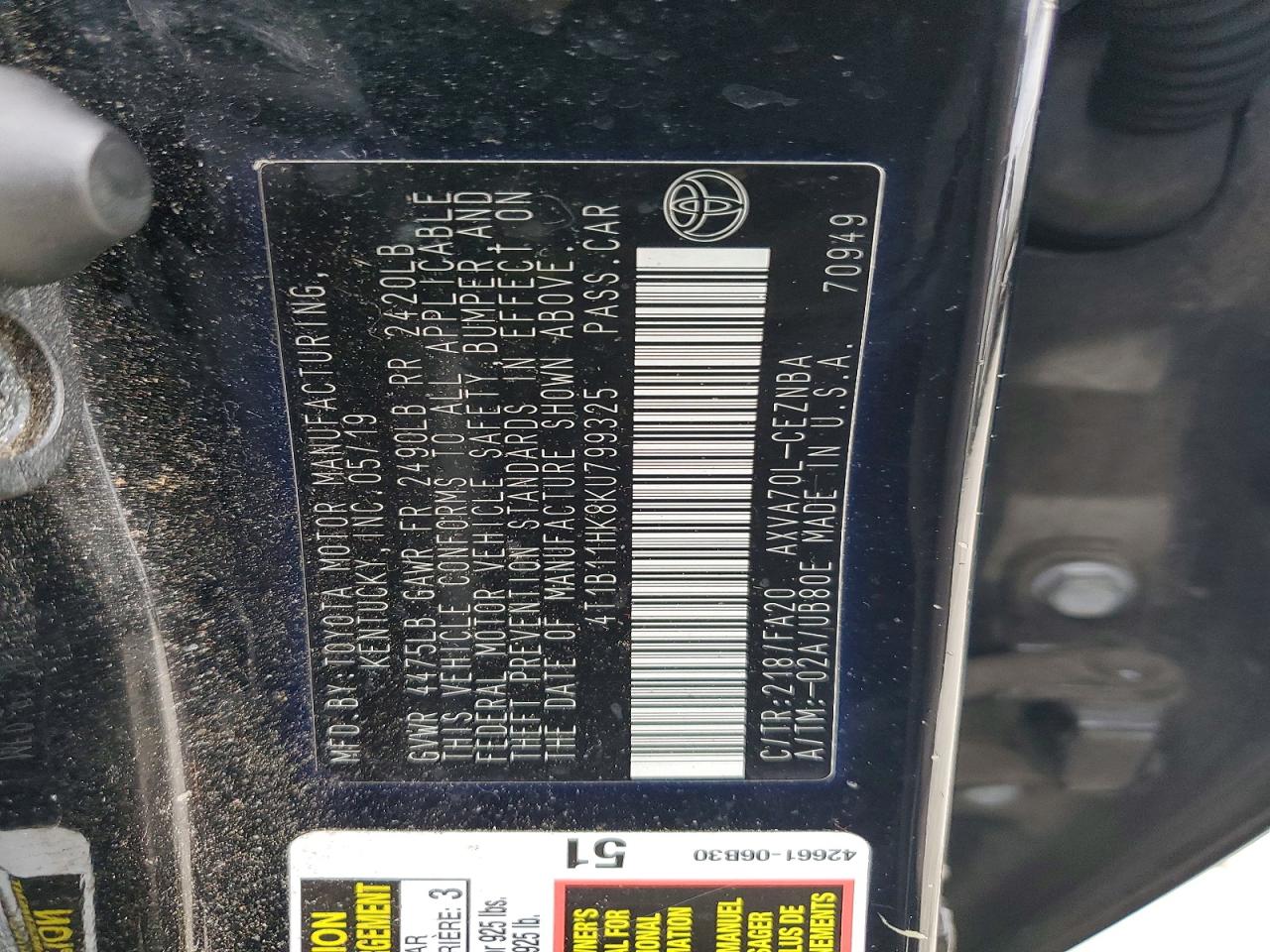 2019 TOYOTA CAMRY L photo 12