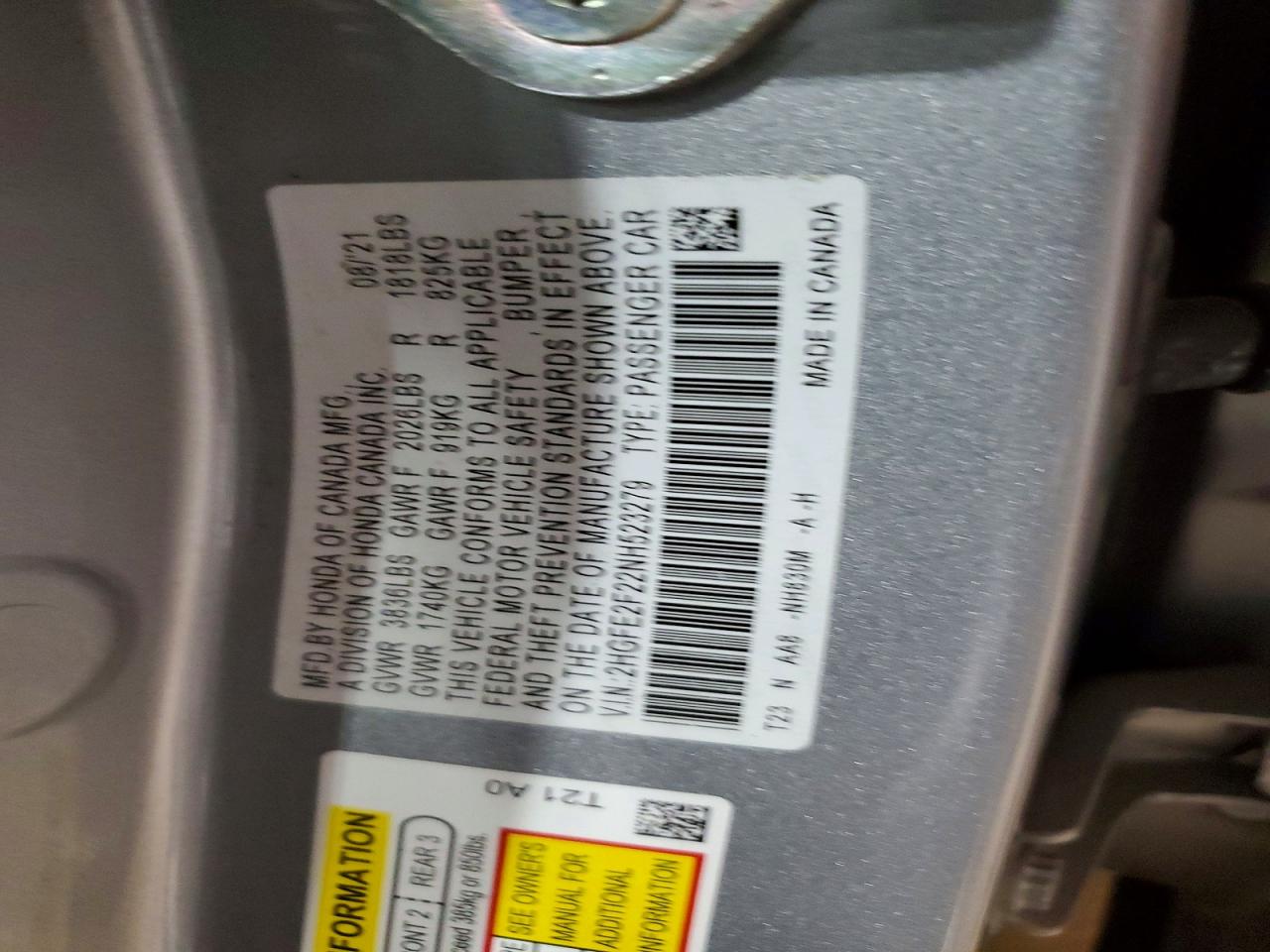 2022 HONDA CIVIC LX photo 23