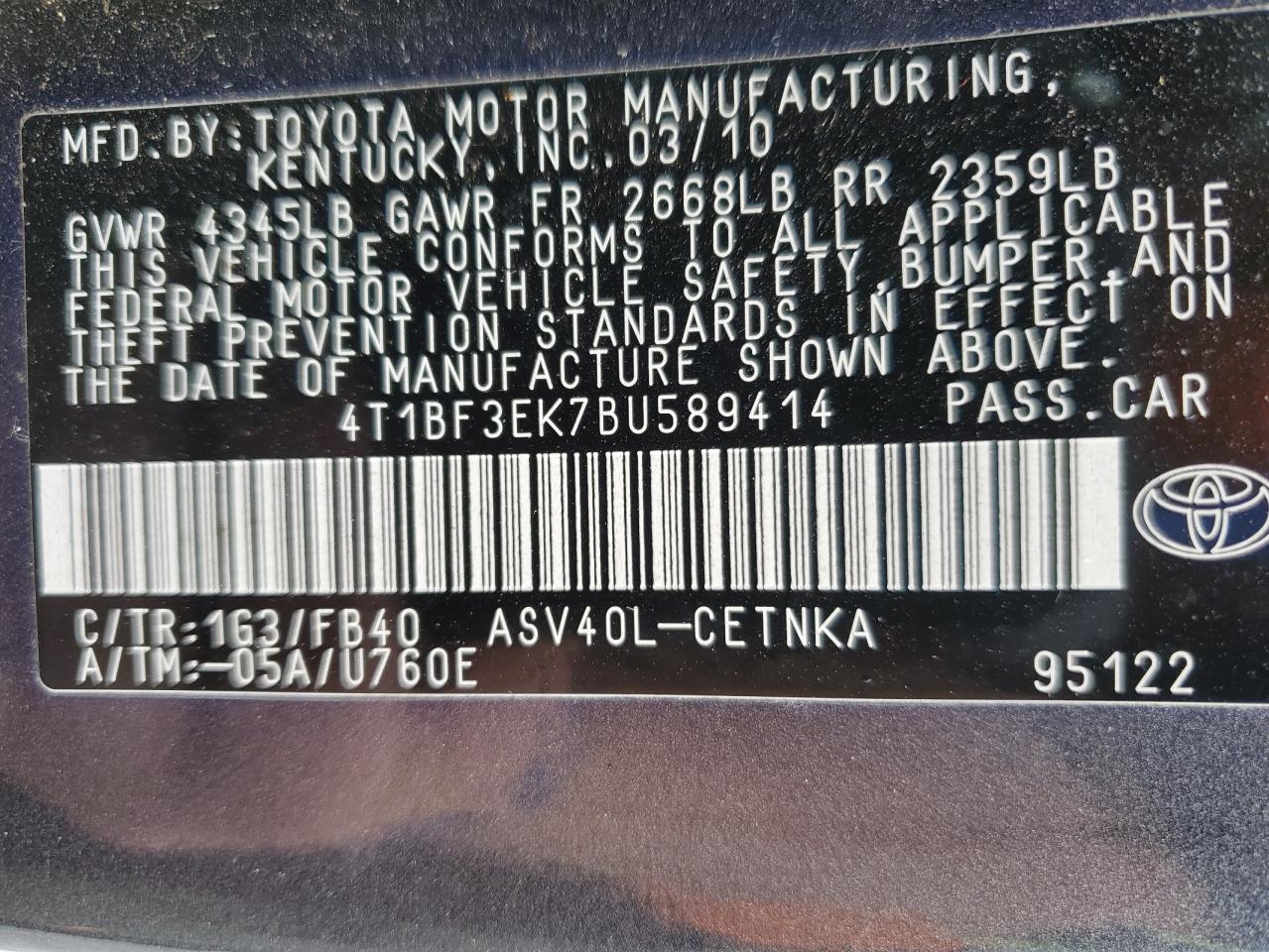 2011 TOYOTA CAMRY BASE photo 12