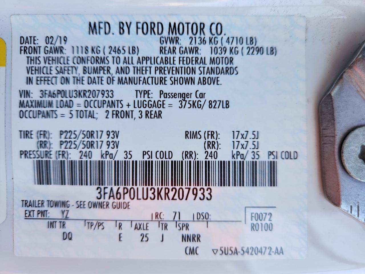 2019 FORD FUSION SE photo 12