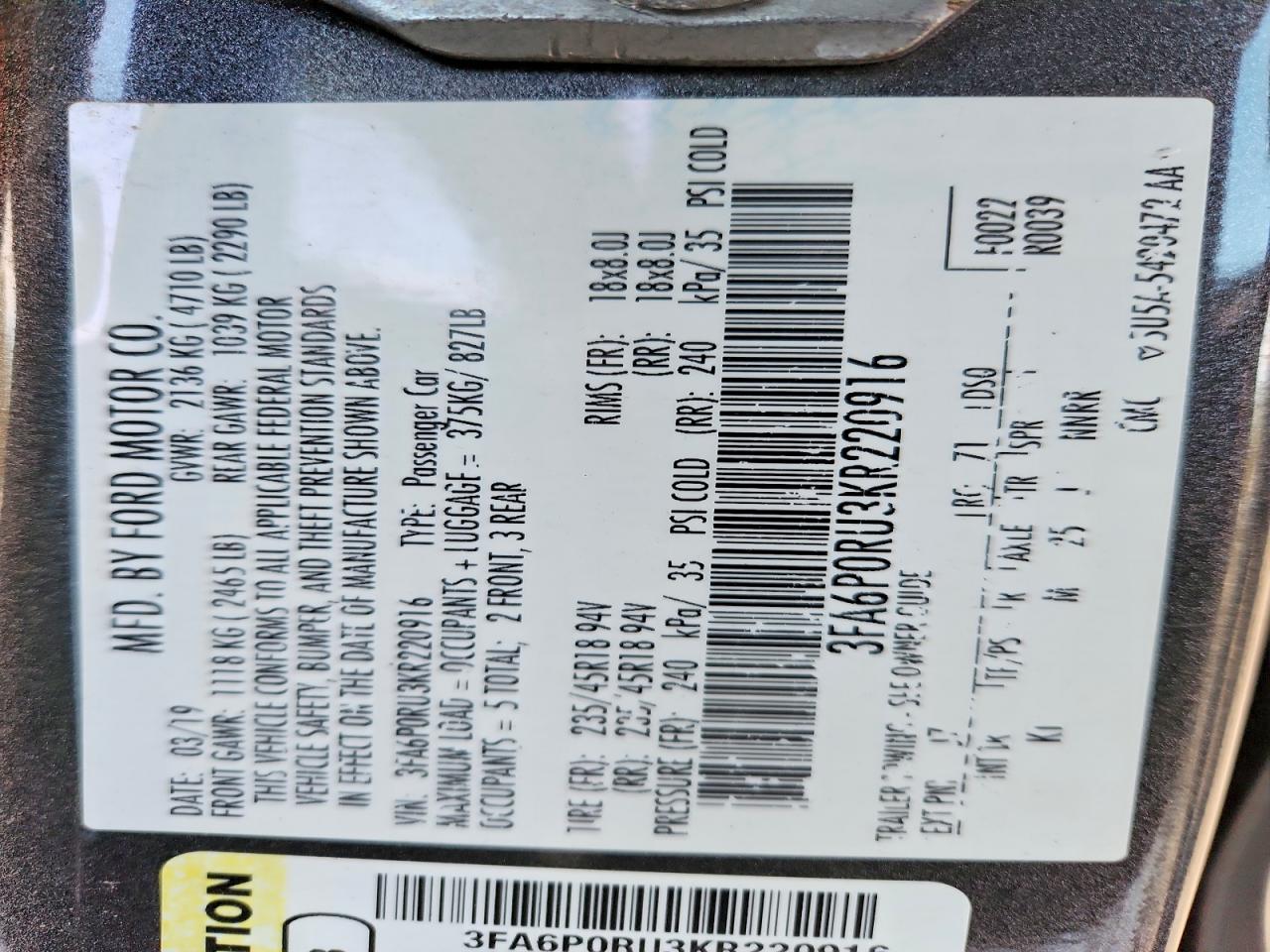 2019 FORD FUSION TITANIUM photo 12